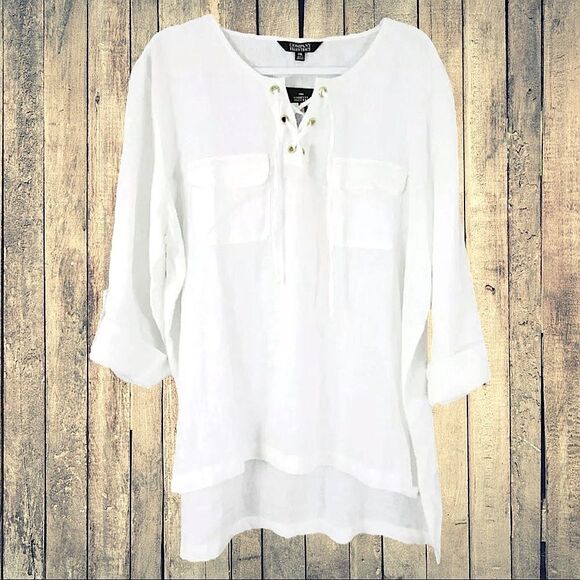 Linen Shirt Lace Up Front Tunic Top White Lace Up Front  Blouse Size L - Picture 3 of 8